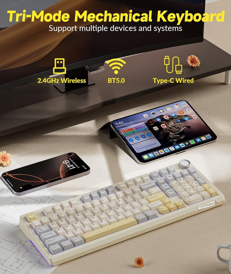 SOLAKAKA KI99 Pro 96% Wireless Gaming Keyboard, RGB Creamy Keyboardw with Knob, Hot-Swappable Pre-Lubed Switches, Gasket Structure Mechanical Keyboards (Beige-White, Non-Silent Version) - Image 3